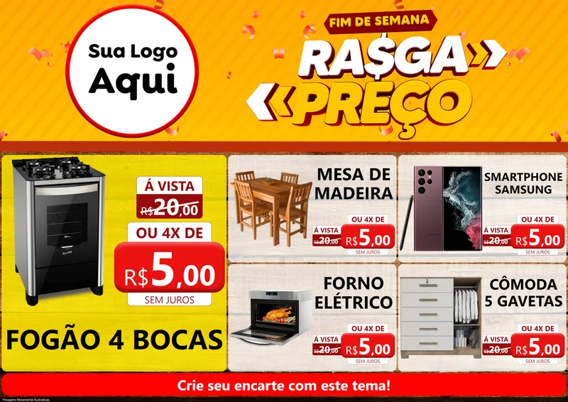 Modelo de Encarte para Encarte A4 Horizontal com o tema Fim de Semana Rasga Preços para Móveis e Eletro