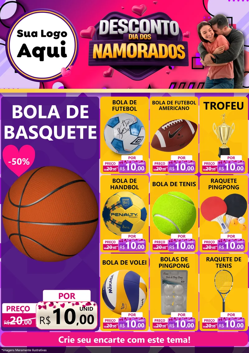 Modelo de Encarte para Encarte A4 Vertical com o tema Desconto Dia dos Namorados para Artigos Esportivos