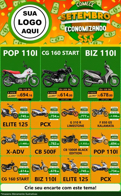 Modelo de Encarte para Encarte Grande com o tema Comece Setembro Economizando para Concessionaria de Motos