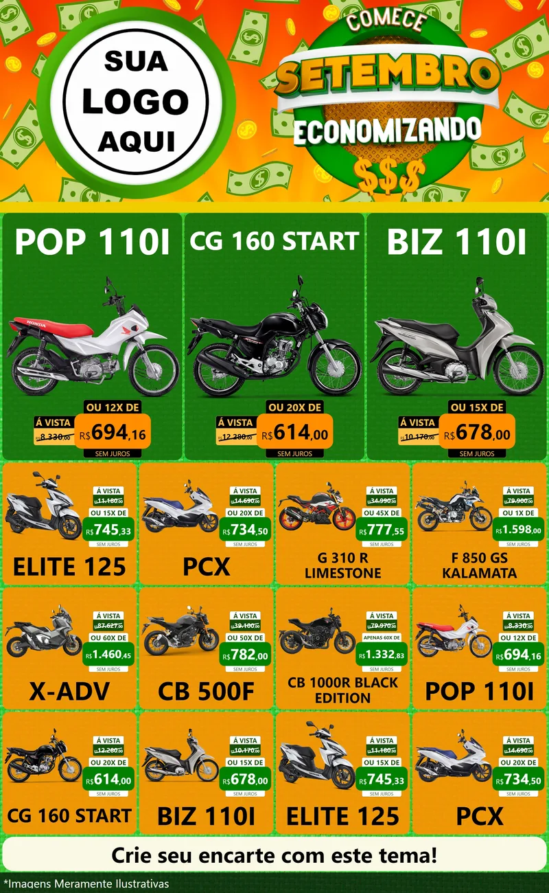 Modelo de Encarte para Encarte Grande com o tema Comece Setembro Economizando para Concessionaria de Motos