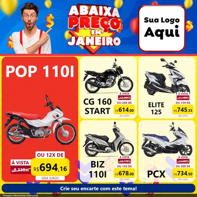Modelo de Rede Social para Feed Facebook com o tema Abaixa Preço em Janeiro para Concessionaria de Motos