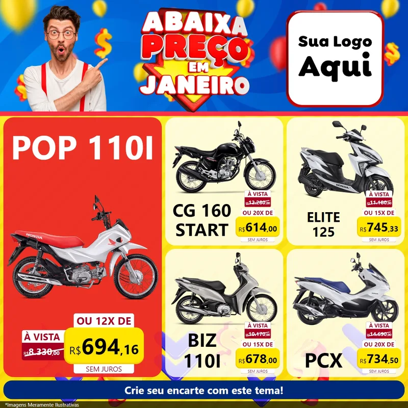 Modelo de Rede Social para Feed Facebook com o tema Abaixa Preço em Janeiro para Concessionaria de Motos