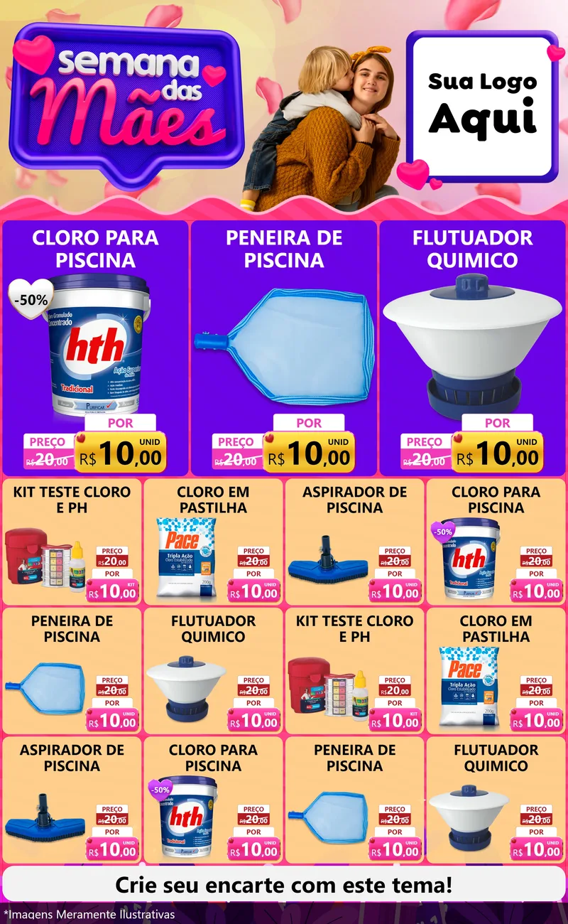Modelo de Encarte para Encarte Grande com o tema Semana das Mães para Produtos para Piscina