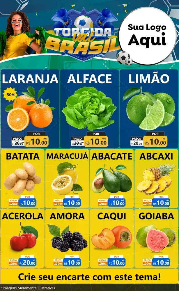 Modelo de Encarte para Encarte Grande com o tema Torcida Vai Brasil - Copa para Hortifrúti