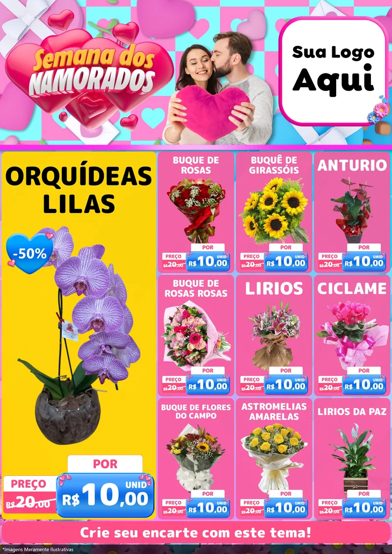 Modelo de Encarte para Encarte A4 Vertical com o tema Semana dos Namorados para Floricultura e jardim