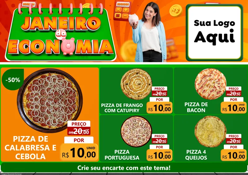Modelo de Encarte para Encarte A4 Horizontal com o tema Janeiro da Economia para Pizzaria