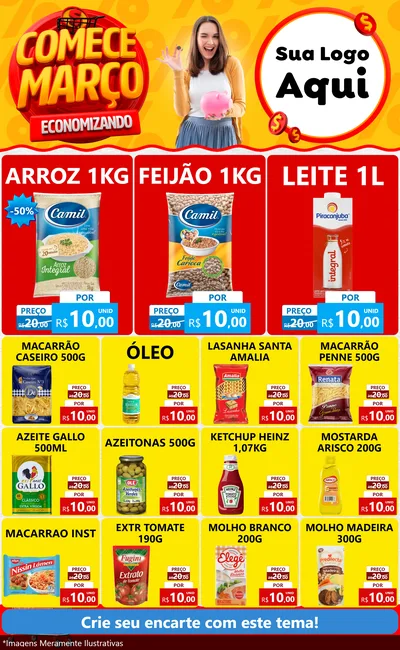 Modelo de Encarte para Encarte Grande com o tema Comece Março Economizando para Supermercado