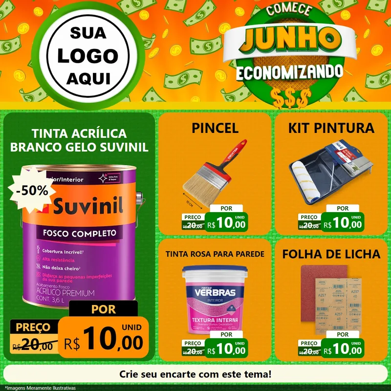 Modelo de Rede Social para Feed Facebook com o tema Comece Junho Economizando para Tintas e Ferramentas