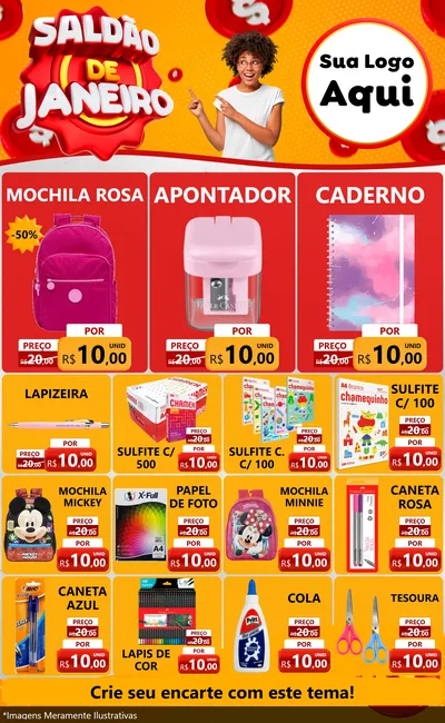 Modelo de Encarte para Encarte Grande com o tema Saldão de Janeiro para Papelaria