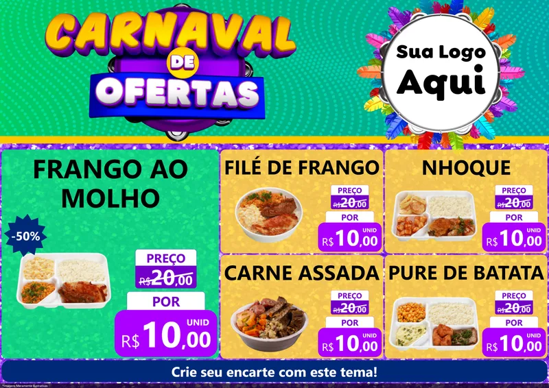 Modelo de Encarte para Encarte A4 Horizontal com o tema Carnaval de Ofertas para Restaurante