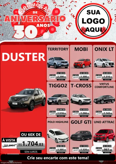 Modelo de Encarte para Encarte A4 Vertical com o tema Promoção de Aniversário - 30 Anos para Concessionaria de Carros