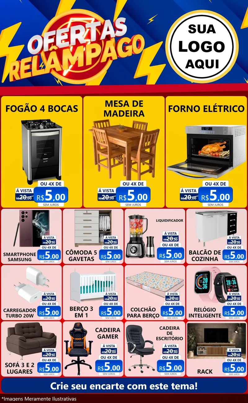 Modelo de Encarte para Encarte Grande com o tema Ofertas Relâmpago para Móveis e Eletro