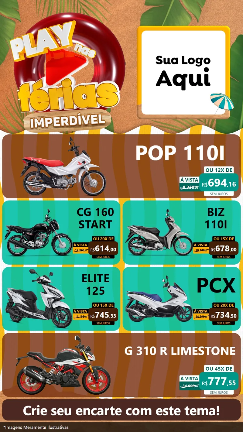 Modelo de TV para TV Vertical com o tema Play Nas Férias Imperdível para Concessionaria de Motos
