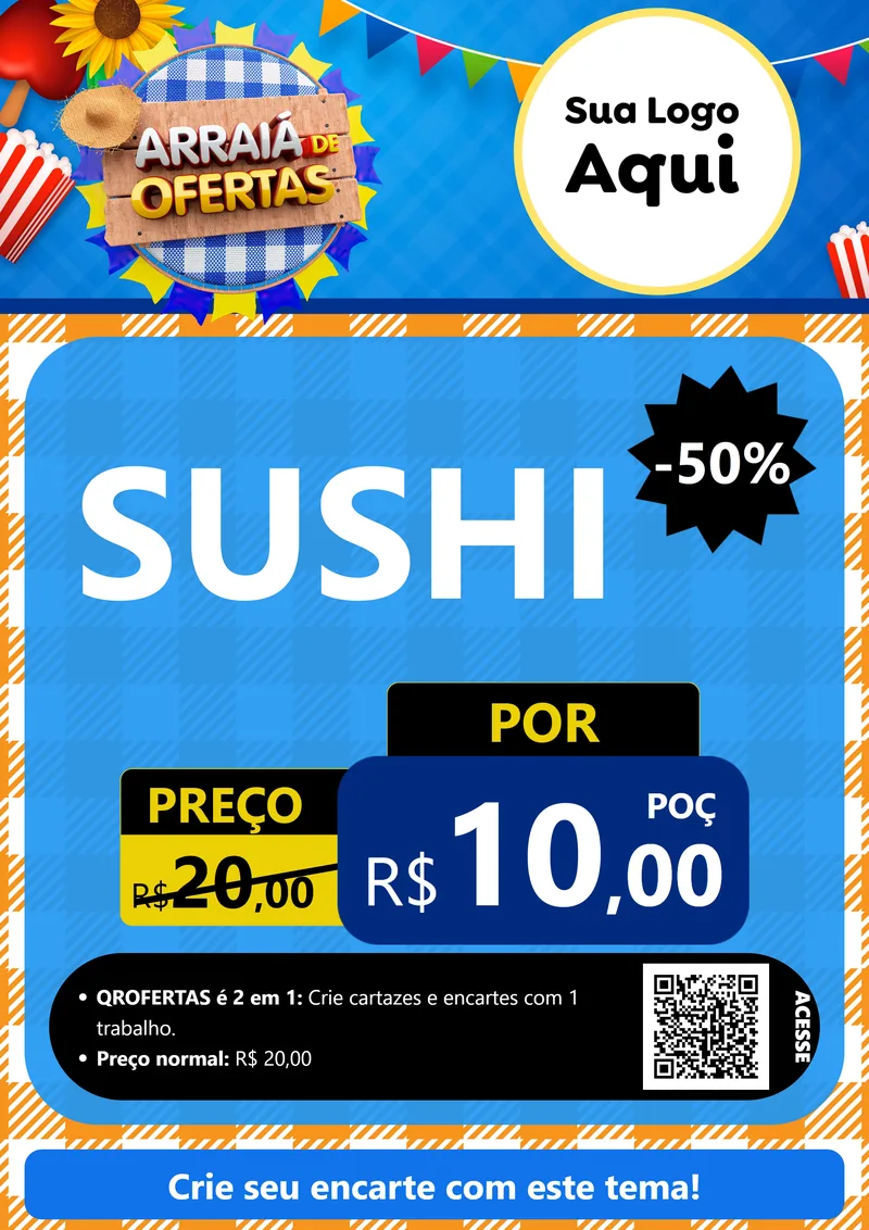 Modelo de Cartaz para Cartaz A4 Vertical com o tema Arraiá de Ofertas para Comida japonesa