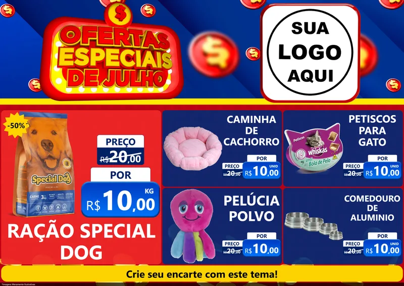 Modelo de Encarte para Encarte A4 Horizontal com o tema Ofertas Especiais de Julho para Pet Shop
