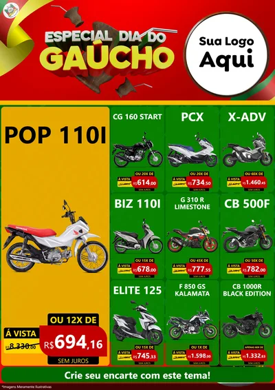Modelo de Encarte para Encarte A4 Vertical com o tema Especial Dia do Gaúcho para Concessionaria de Motos