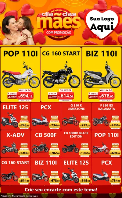 Modelo de Encarte para Encarte Grande com o tema Dia das Mães com Promoção para Concessionaria de Motos
