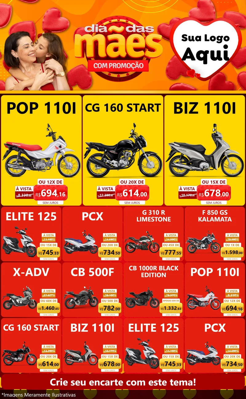 Modelo de Encarte para Encarte Grande com o tema Dia das Mães com Promoção para Concessionaria de Motos
