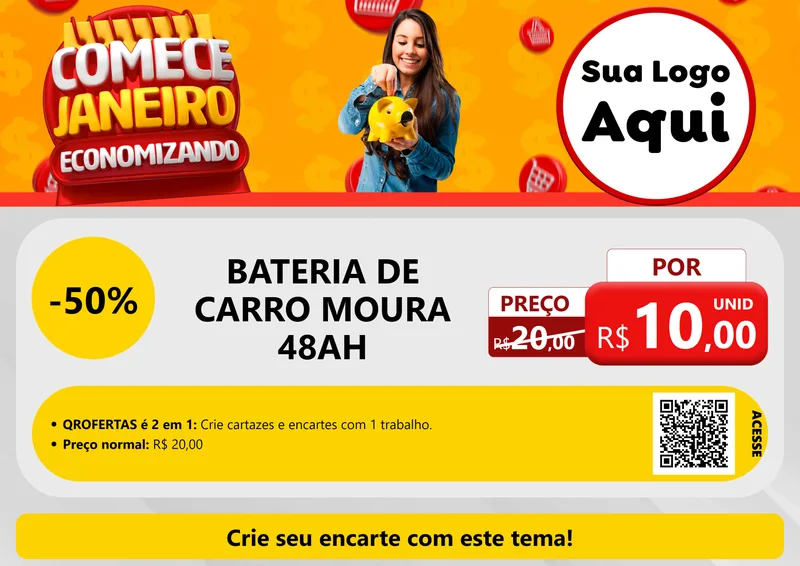 Modelo de Cartaz para Cartaz A4 Horizontal com o tema Comece Janeiro Economizando para Baterias Elétricas