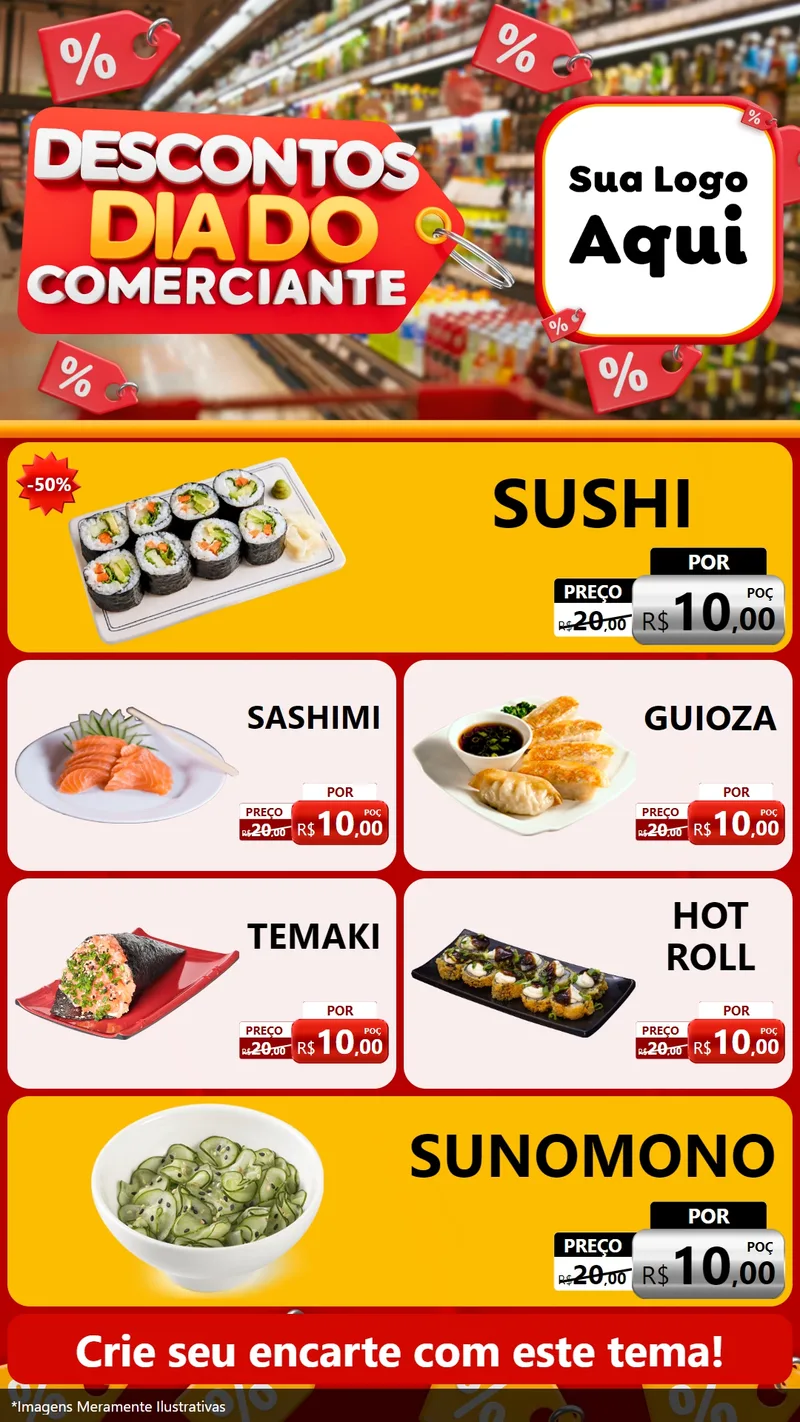 Modelo de TV para TV Vertical com o tema Descontos Dia do Comerciante para Comida japonesa