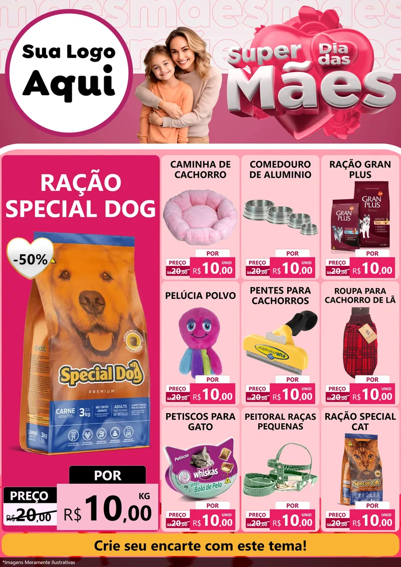Modelo de Encarte para Encarte A4 Vertical com o tema Super Dia Das Mães para Pet Shop