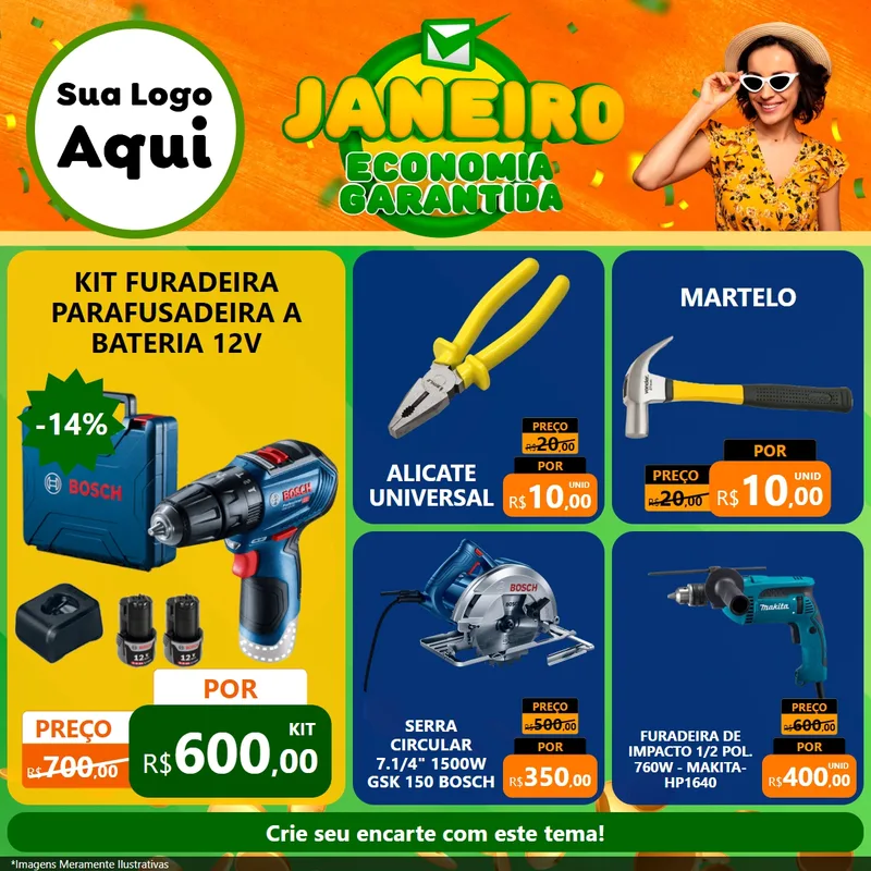 Modelo de Rede Social para Feed Facebook com o tema Janeiro - Economia Garantida para Maquinas e Ferramentas