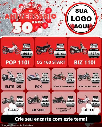 Modelo de Rede Social para Feed Instagram com o tema Promoção de Aniversário - 30 Anos para Concessionaria de Motos