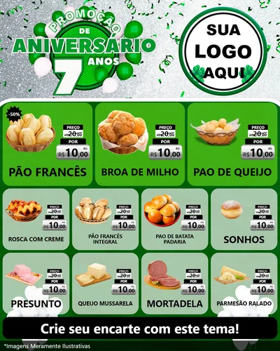 Modelo de Rede Social para Feed Instagram com o tema Promoção de Aniversário - 7 Anos para Padaria
