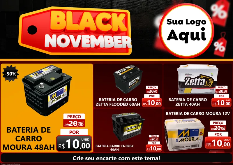 Modelo de Encarte para Encarte A4 Horizontal com o tema Black November para Baterias Elétricas