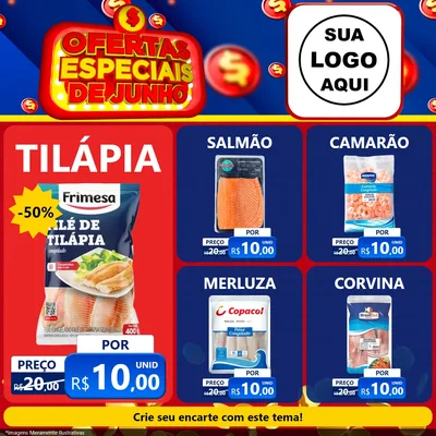 Modelo de Rede Social para Feed Facebook com o tema Ofertas Especiais de Junho para Peixaria