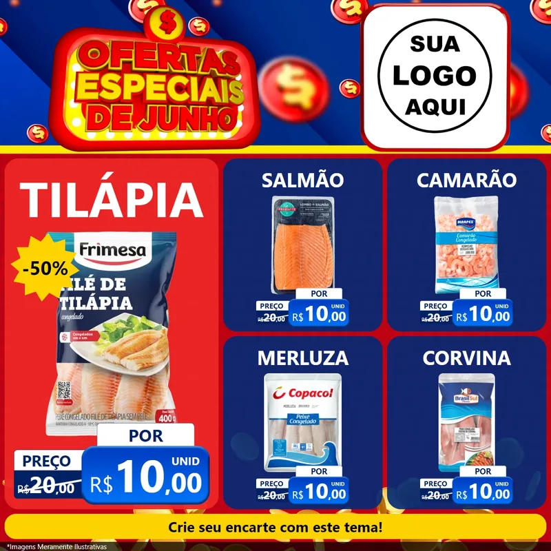 Modelo de Rede Social para Feed Facebook com o tema Ofertas Especiais de Junho para Peixaria