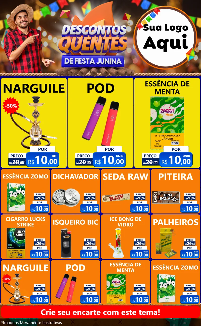 Modelo de Encarte para Encarte Grande com o tema Descontos Quentes de Festa Junina para Tabacaria