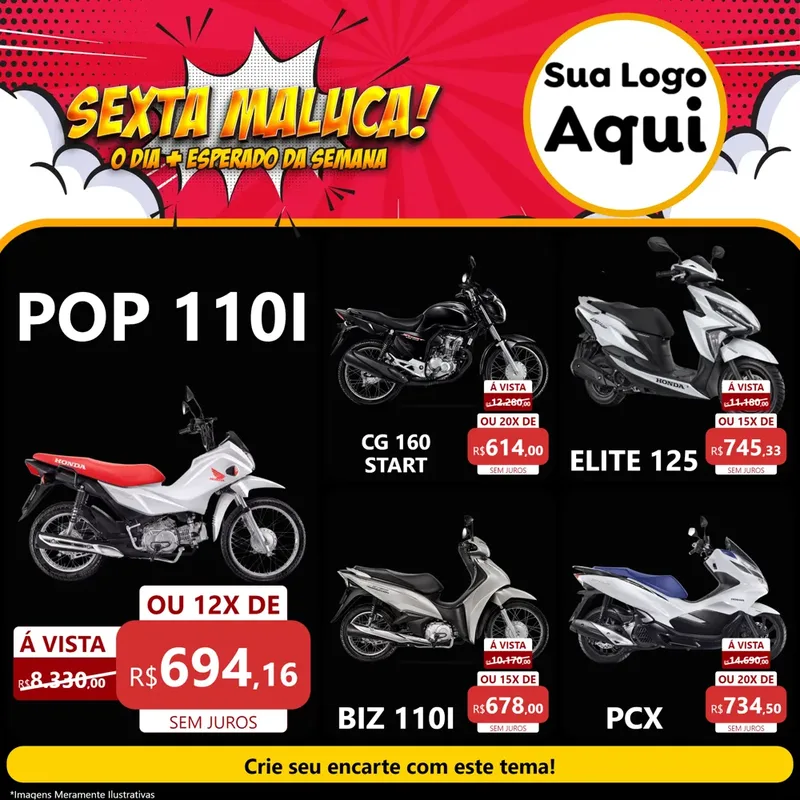 Modelo de Rede Social para Feed Facebook com o tema Sexta Maluca! para Concessionaria de Motos