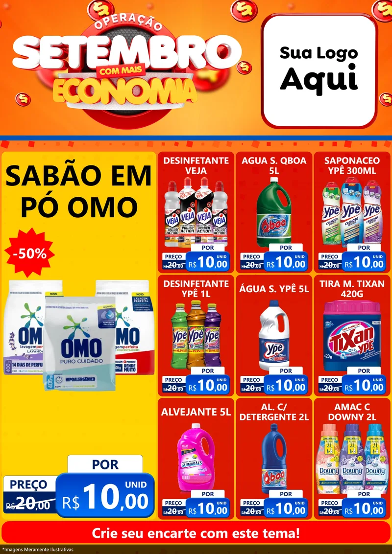 Modelo de Encarte para Encarte A4 Vertical com o tema Operação Setembro Com Muita Economia para Produtos de Limpeza