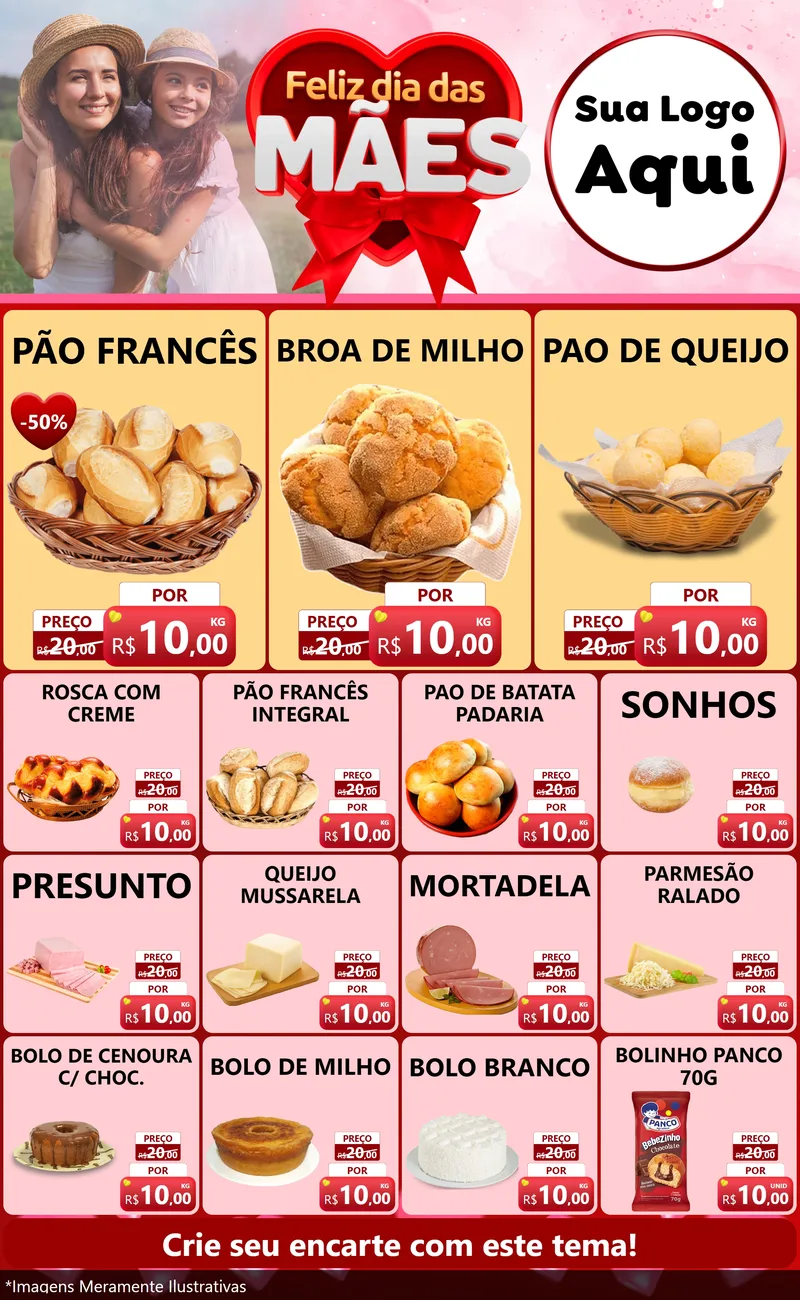 Modelo de Encarte para Encarte Grande com o tema Feliz Dia Das Mães para Padaria