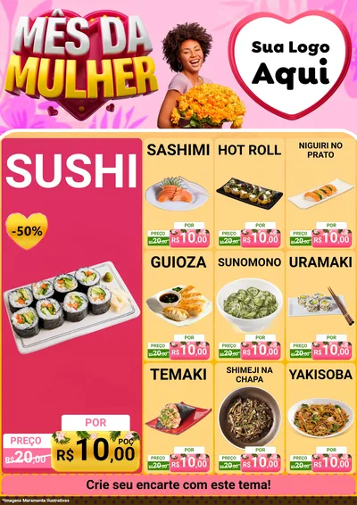 Modelo de Encarte para Encarte A4 Vertical com o tema Mês da Mulher para Comida japonesa