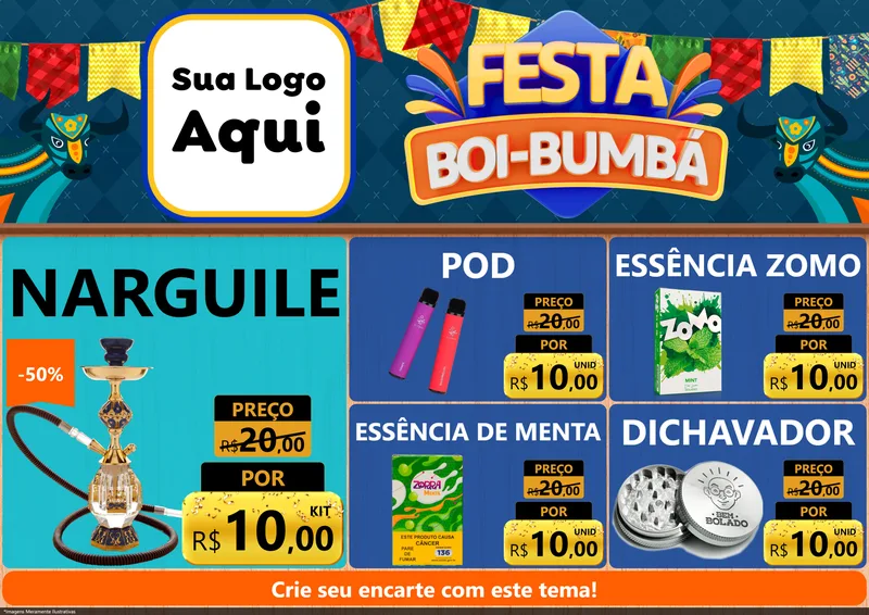 Modelo de Encarte para Encarte A4 Horizontal com o tema Festa Boi Bumbá para Tabacaria