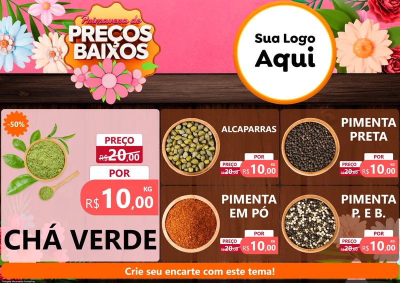 Modelo de Encarte para Encarte A4 Horizontal com o tema Primavera de Preços Baixos para Produtos Naturais