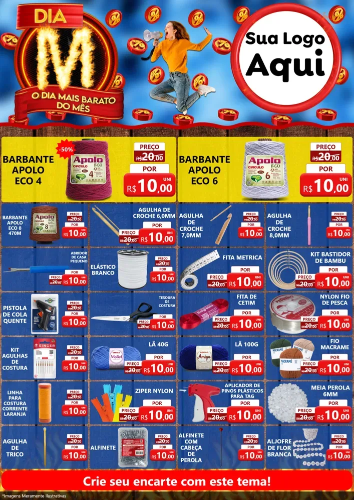 Modelo de Encarte para Encarte A4 Vertical com o tema Dia M - O Dia Mais Barato Do Mês para Armarinho e Aviamentos