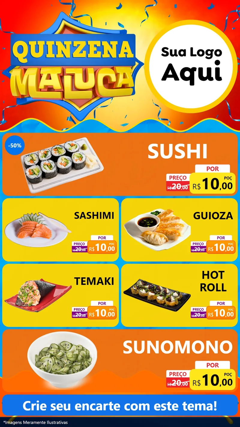 Modelo de TV para TV Vertical com o tema Quinzena Maluca para Comida japonesa