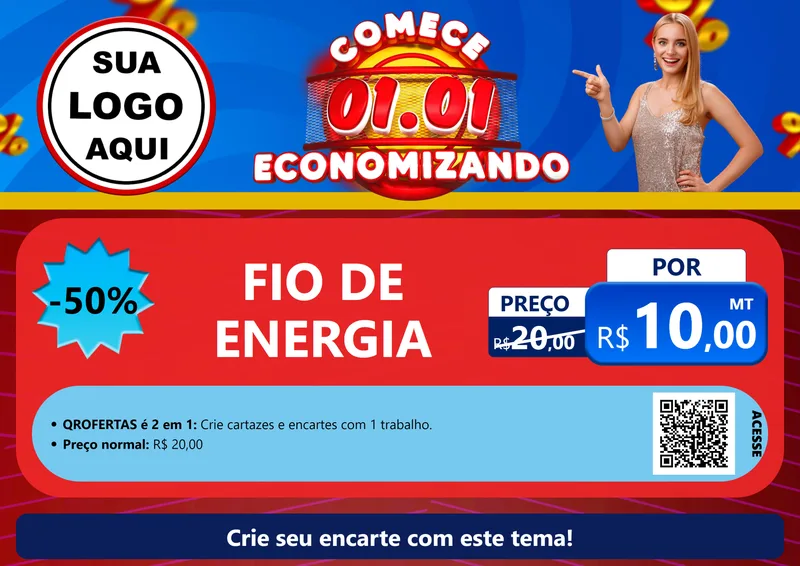 Modelo de Cartaz para Cartaz A4 Horizontal com o tema Comece 1º de Janeiro Economizando para Materiais Elétricos