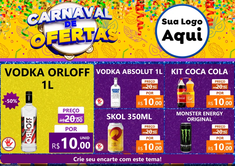 Modelo de Encarte para Encarte A4 Horizontal com o tema Carnaval de Ofertas para Distribuidora de bebidas