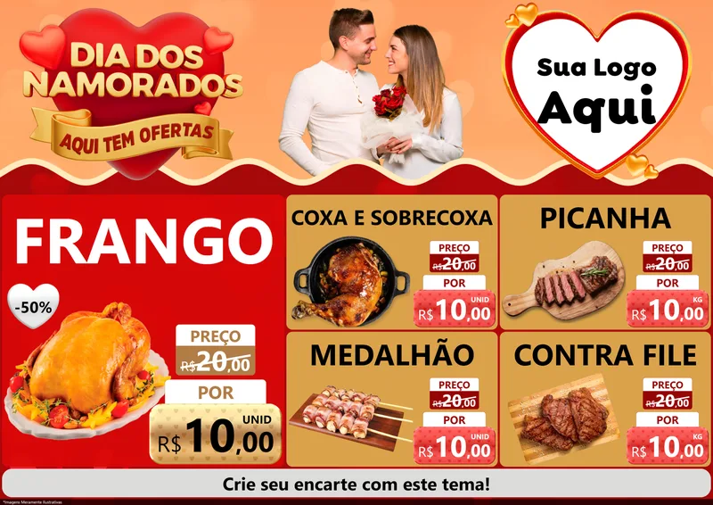 Modelo de Encarte para Encarte A4 Horizontal com o tema Dia dos Namorados - Aqui Tem Ofertas para Assados