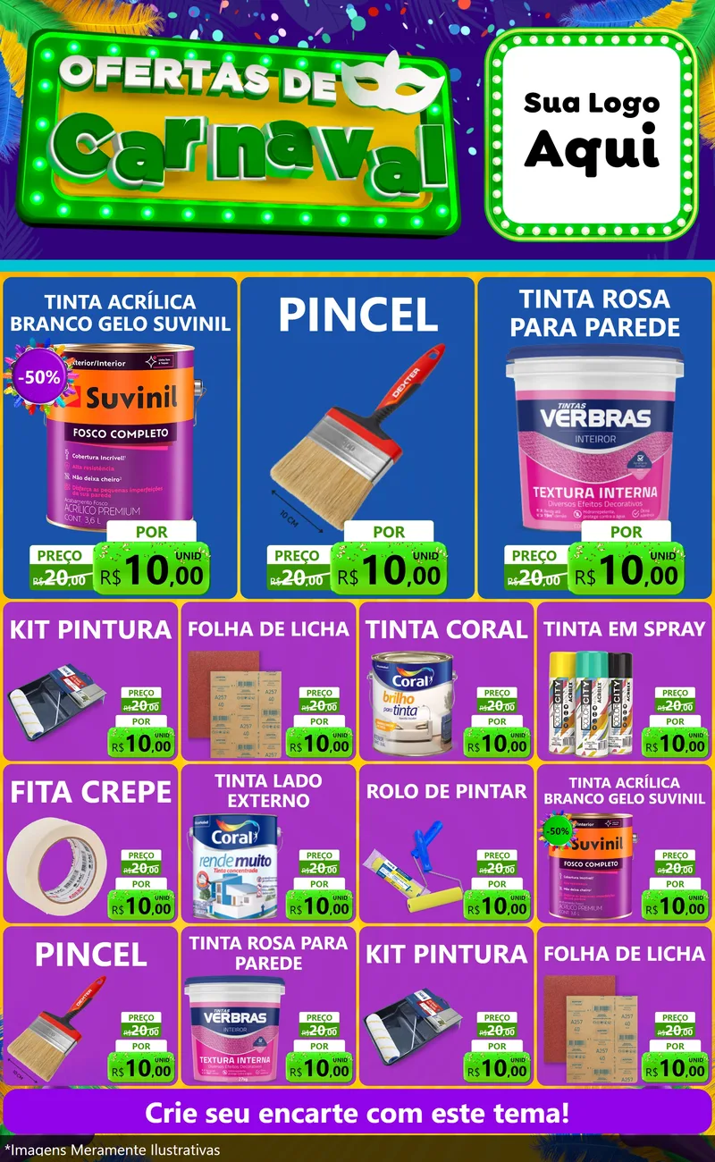 Modelo de Encarte para Encarte Grande com o tema Ofertas de Carnaval para Tintas e Ferramentas