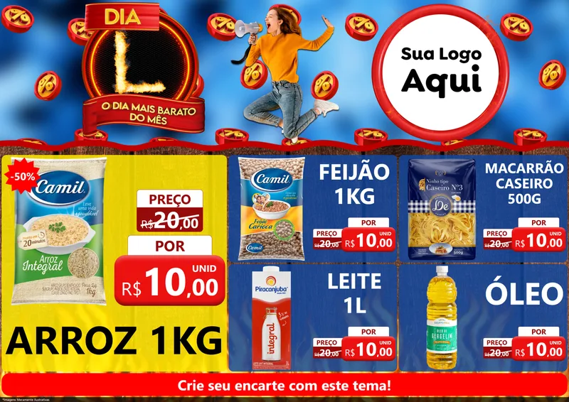 Modelo de Encarte para Encarte A4 Horizontal com o tema Dia L - O Dia Mais Barato Do Mês para Supermercado