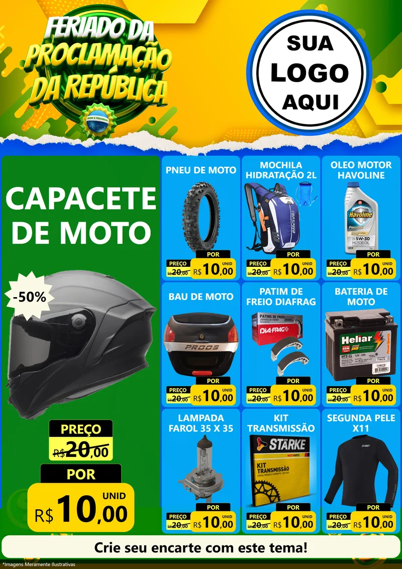 Modelo de Encarte para Encarte A4 Vertical com o tema Feriado da Proclamação da República para Moto peças
