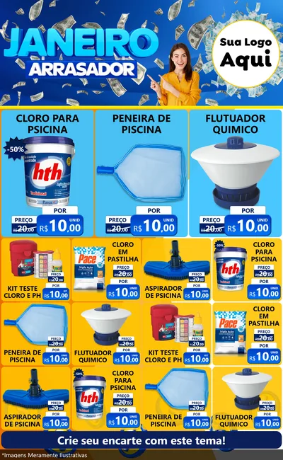 Modelo de Encarte para Encarte Grande com o tema Janeiro Arrasador para Produtos para Piscina