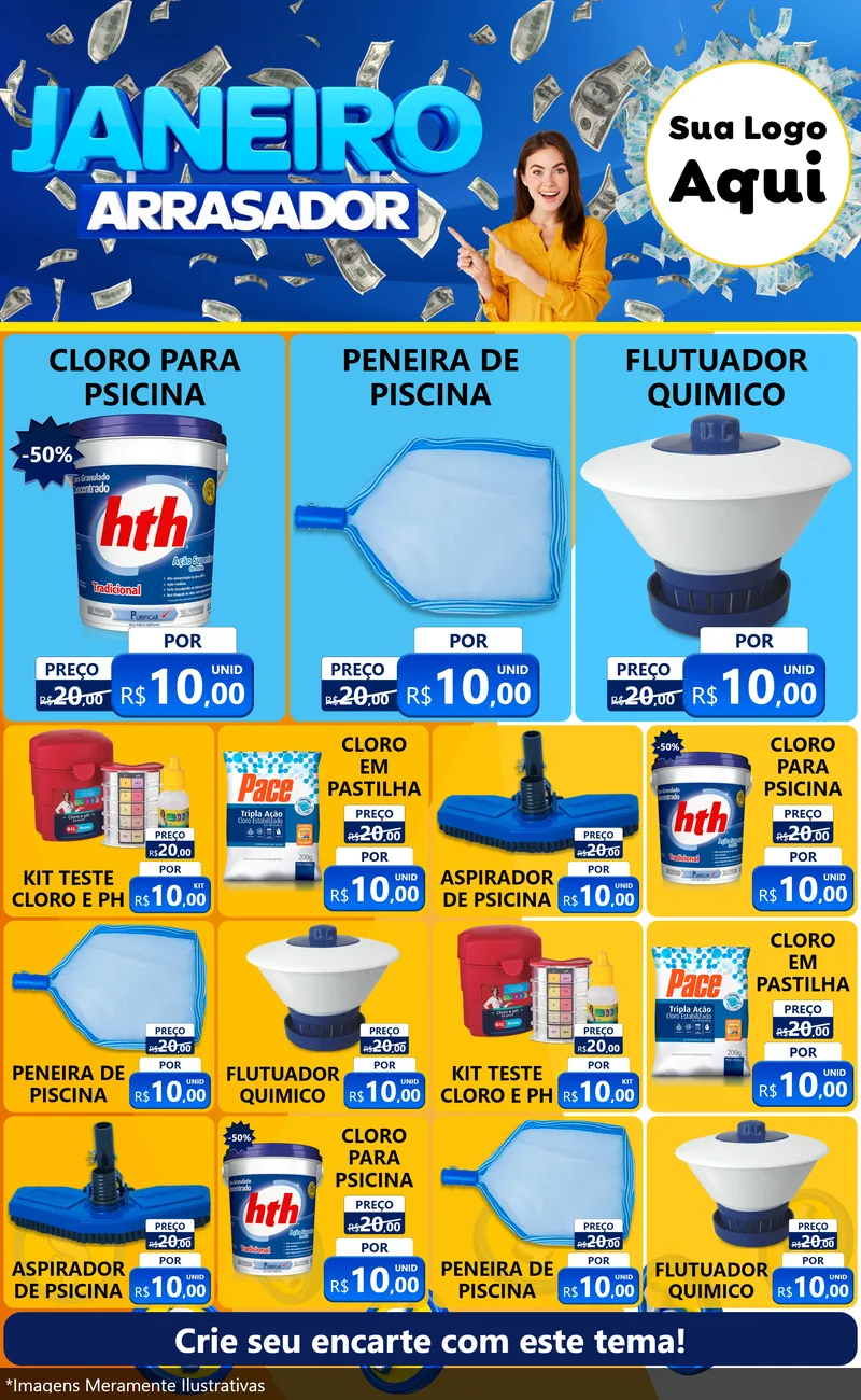 Modelo de Encarte para Encarte Grande com o tema Janeiro Arrasador para Produtos para Piscina