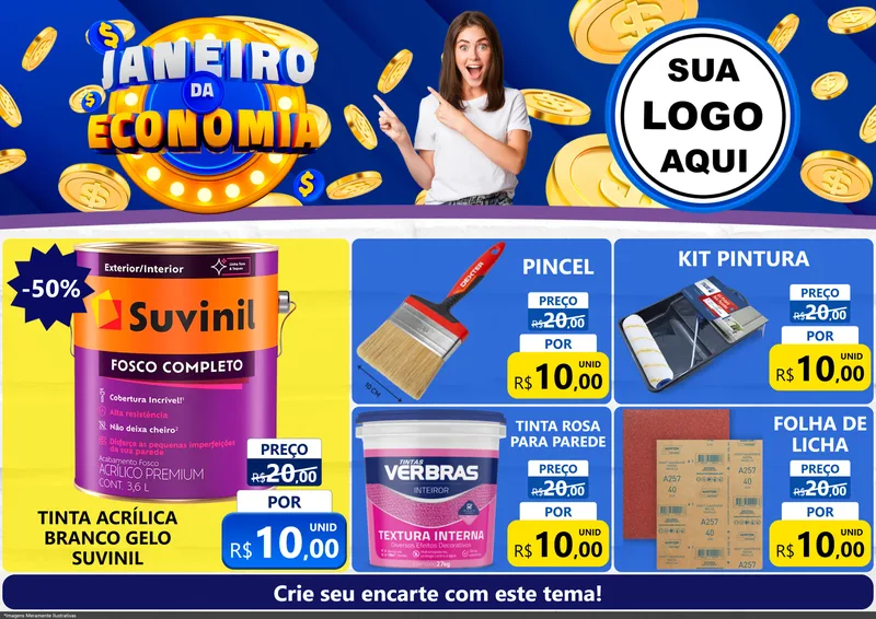 Modelo de Encarte para Encarte A4 Horizontal com o tema Janeiro da Economia para Tintas e Ferramentas