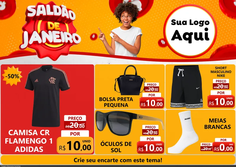 Modelo de Encarte para Encarte A4 Horizontal com o tema Saldão de Janeiro para Roupas e acessórios